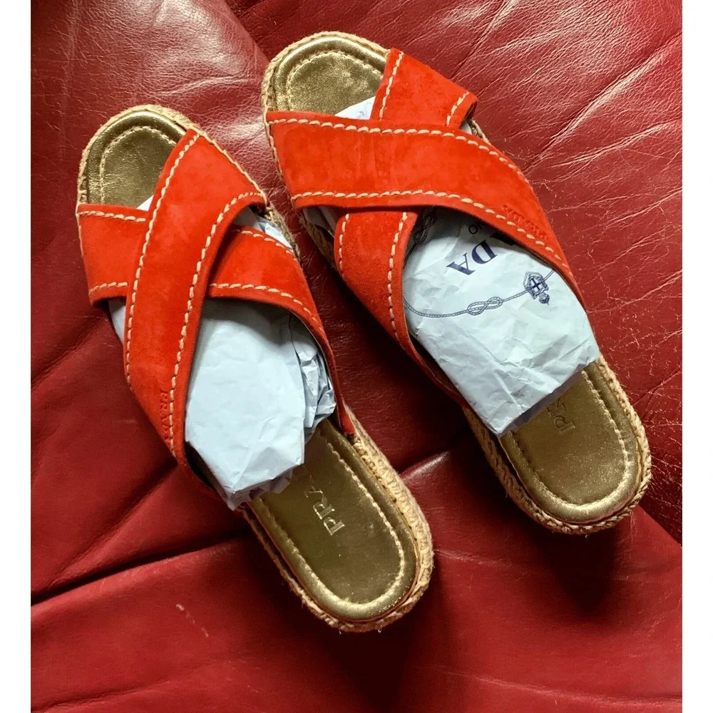 Authentic PRADA Red Espadrille Slide Wedges Sandal Size 8.5